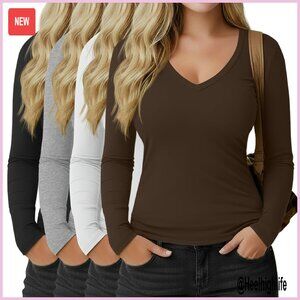 Plus Size Long Sleeve V-Neck Tees Slim Fit 4 Pack Cotton Blend Layering